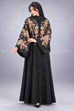 Black front open abaya in imported Korean Nida with Chinese chiffon floral design